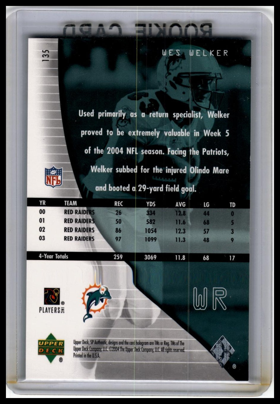 2004 SP Authentic #135 Wes Welker #/1199