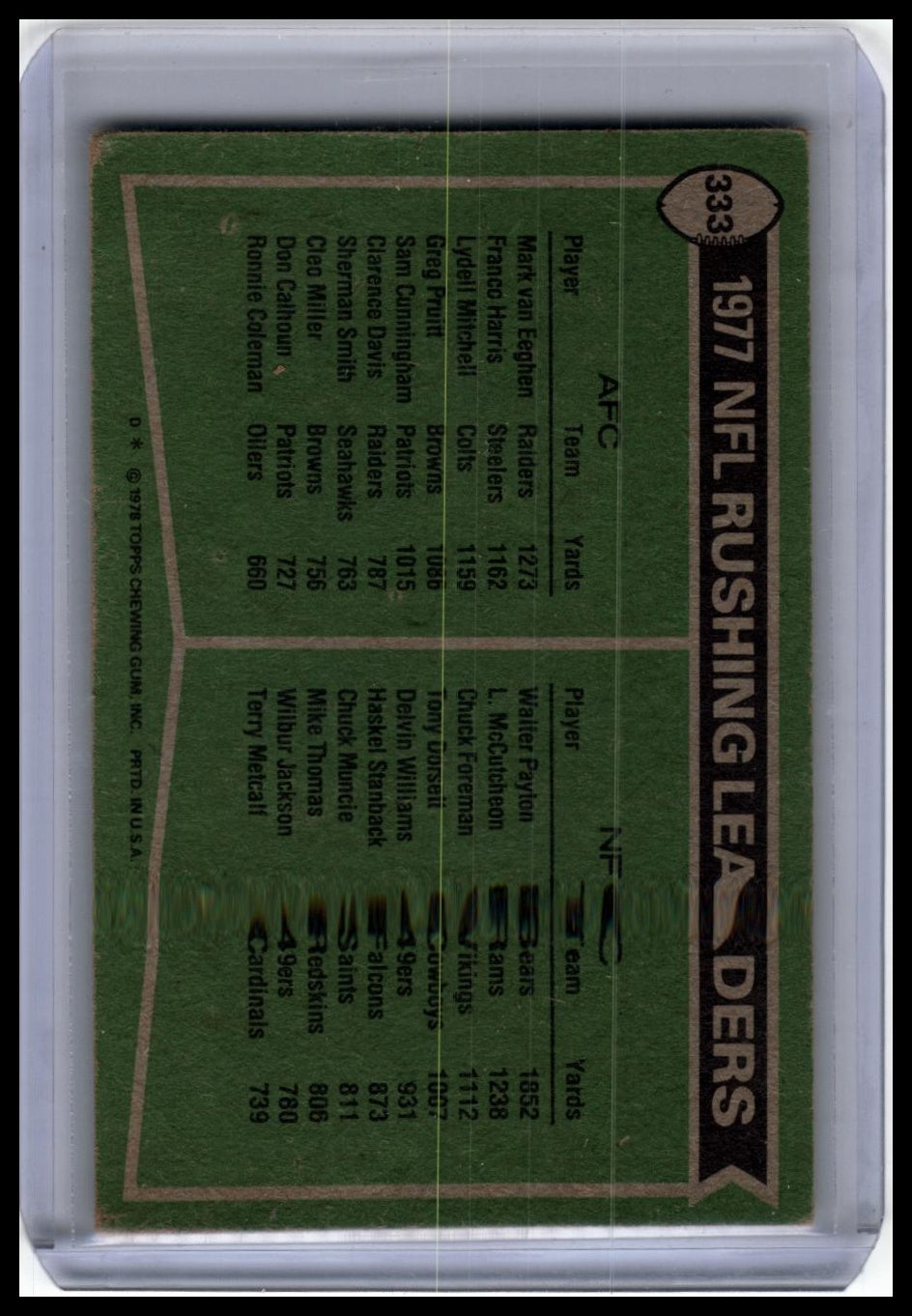 1978 Topps #333 1977 Rushing Leaders (Mark van Eeghen / Walter Payton)