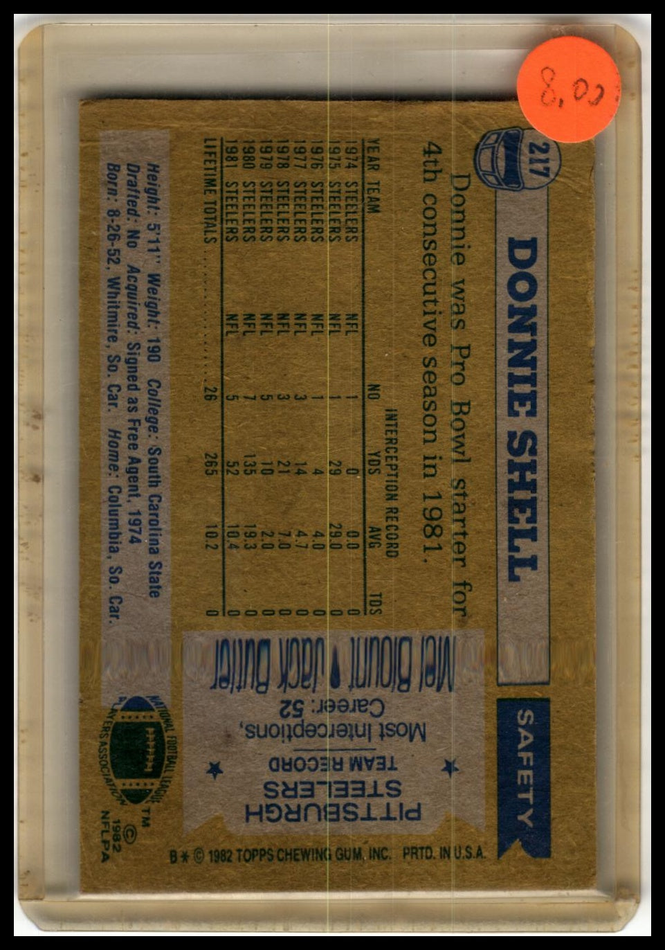 1982 Topps #217 Donnie Shell