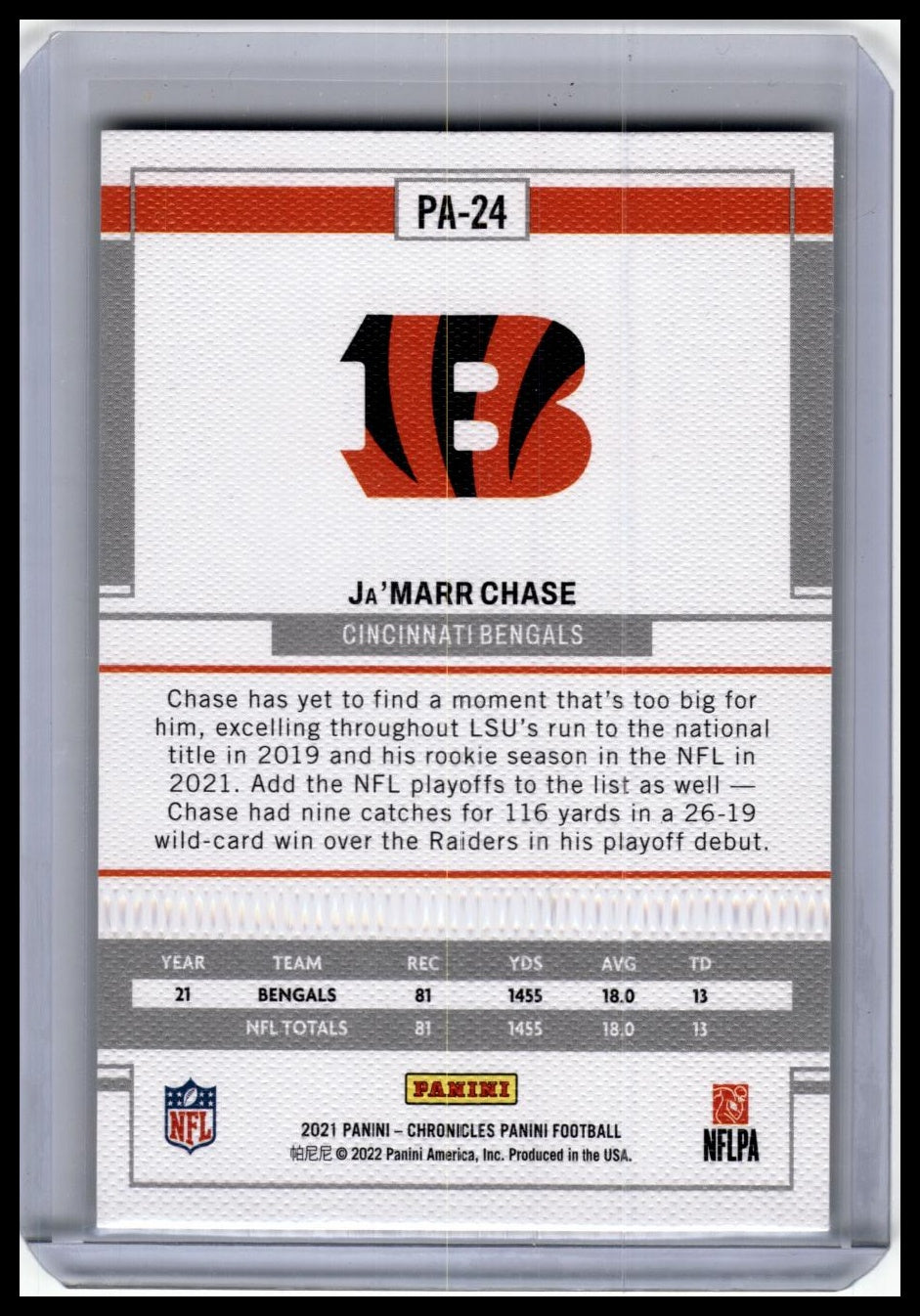 2021 Panini Chronicles #PA-24 Ja'Marr Chase Panini Pink